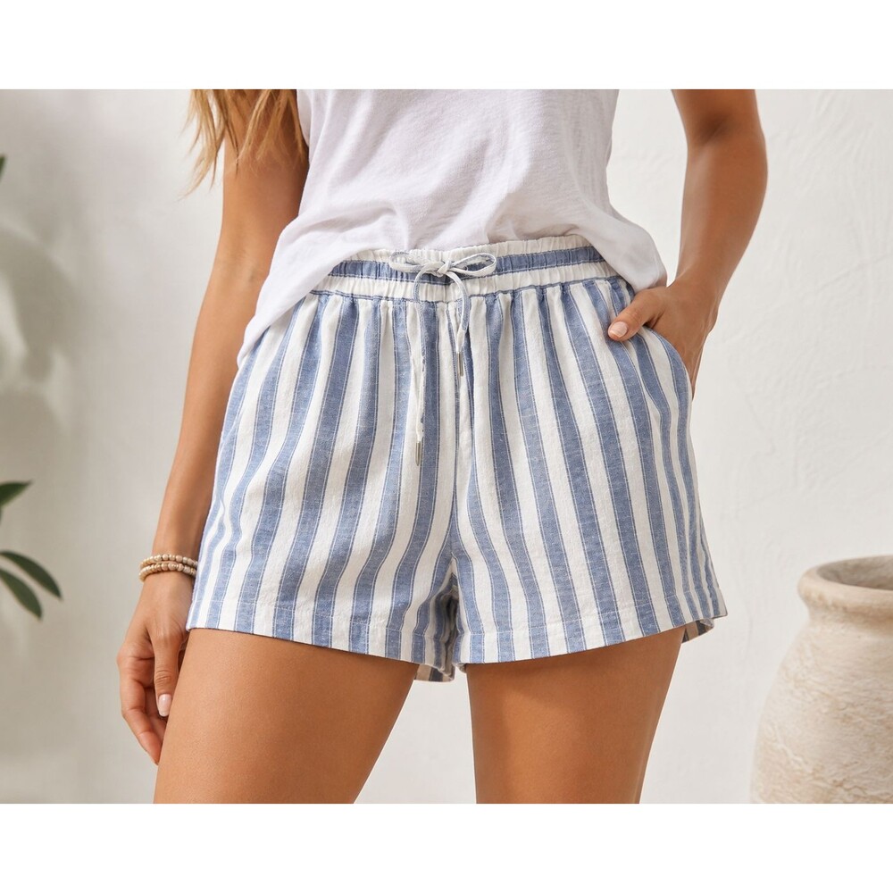 Gap Women’s L Blue White Stripe Linen Blend Pull On Shorts Drawstring Pockets